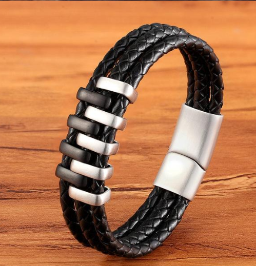 Color: Black Steel color, Size: 24cm - Woven Leather Bracelet Punk Rock Big Men's Bracelet Korean Fashion Jewelry