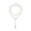 Stylish Patchwork Pearl Chain Lock-shaped Pendant Necklace Set