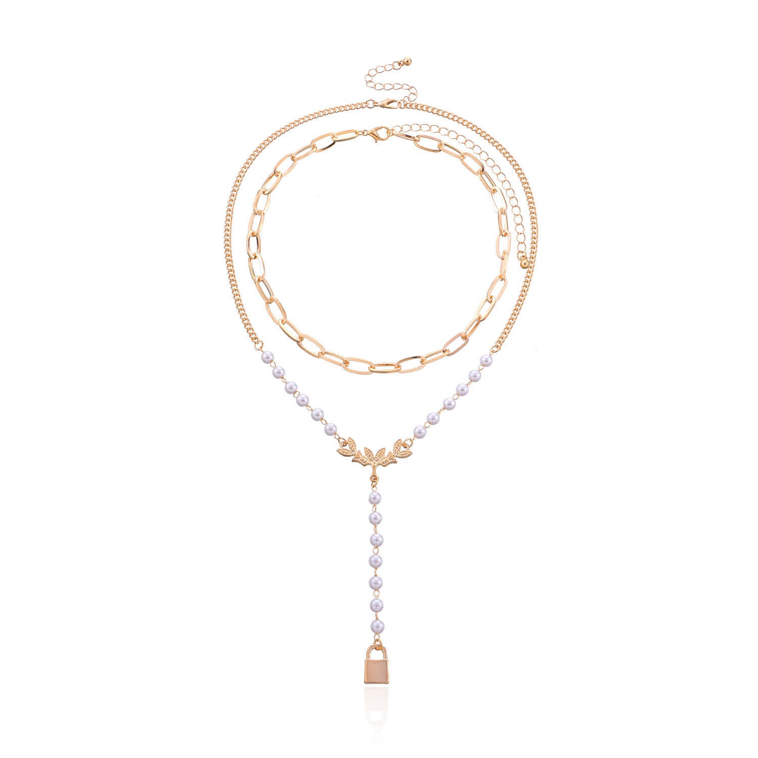 Stylish Patchwork Pearl Chain Lock-shaped Pendant Necklace Set