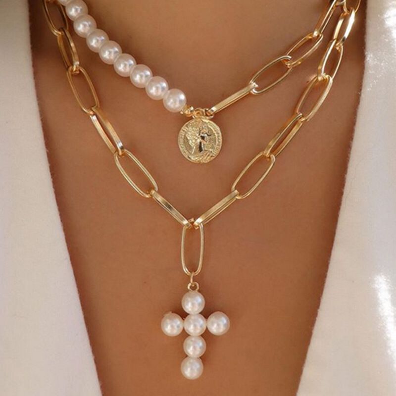 Cross Thick Chain Multilayer Disc Portrait Pendant Evening Necklace