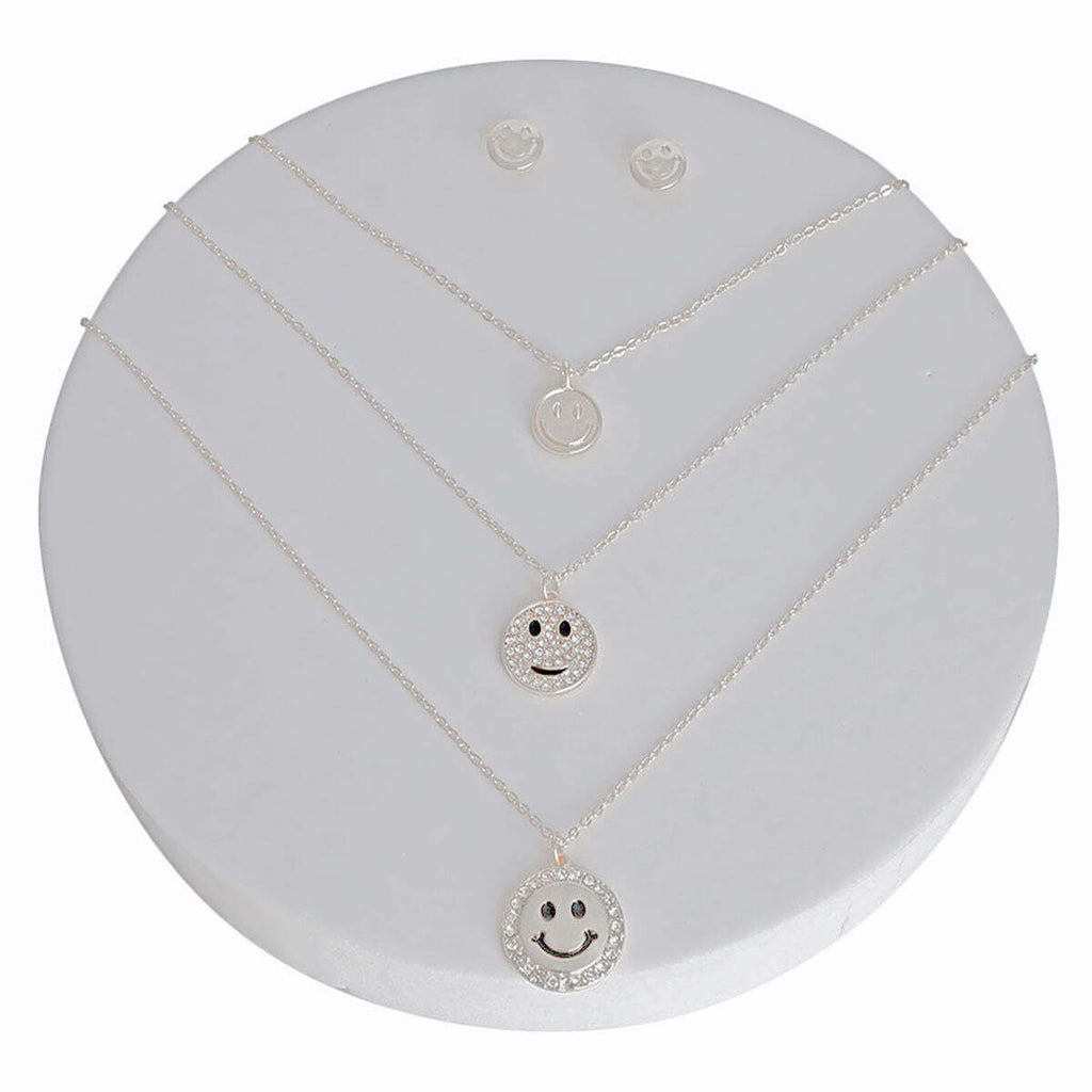 Silver 3 Layer Bling Smiley Face Dainty  Necklace Set