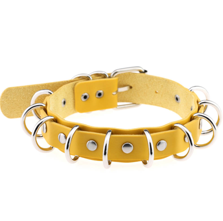 Color: Black - Punk style exaggerated double leather necklace metal multi-ring collar