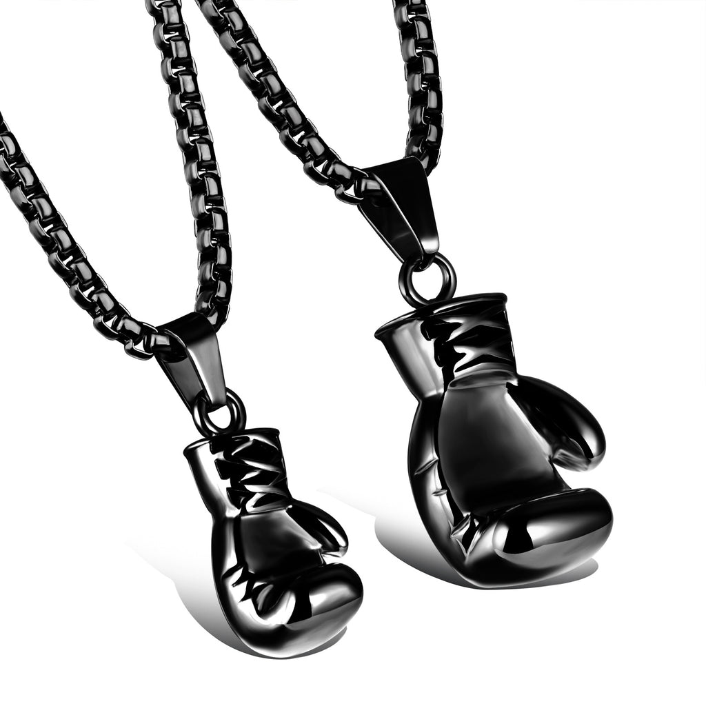 Color: Black male - Men and women lovers titanium steel fitness boxing gloves Pendant Necklace Jewelry.