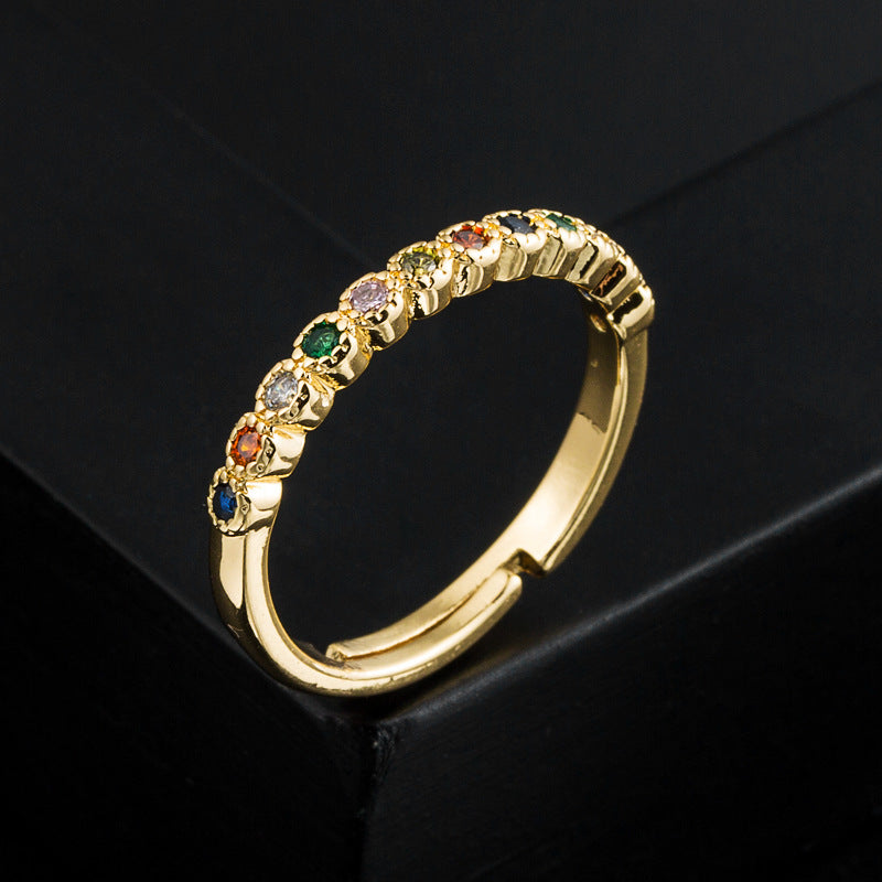 New Ring Fashion Ins Trend Copper Plated 18K Gold Inlaid Colored Zircon Open Adjustable Ring