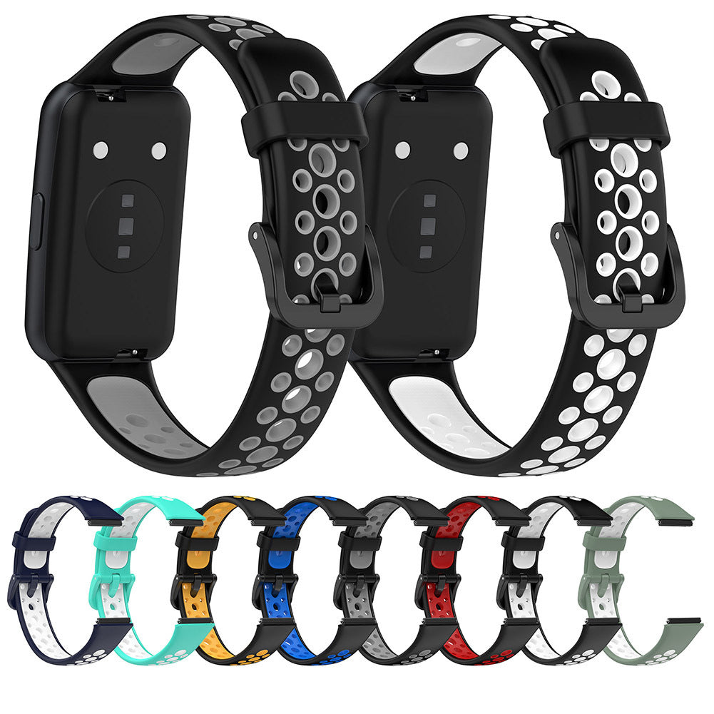 Two-color Watch Strap Soft Breathable Contrast Color Replacement Watchband Compatible For Huawei Band 7 midnight blue white