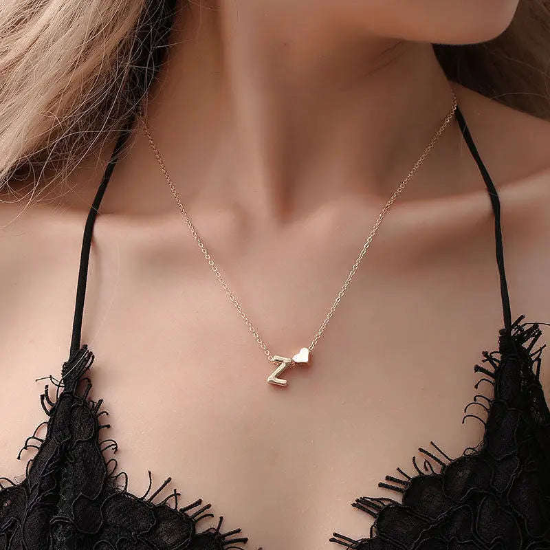 Metal Color: Gold-color - Fashion Tiny Heart Dainty Initial Necklace With Letter Name Choker Necklace For Women Pendant Jewelry Accessories Gift