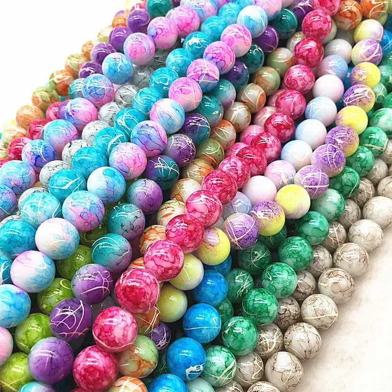 Color: Light Grey, Item Diameter: 4mm - Wholesale 4/6/8/10mm Glass Beads Round Loose Spacer Beads Pattern For Jewelry Making DIY Bracelet Necklace