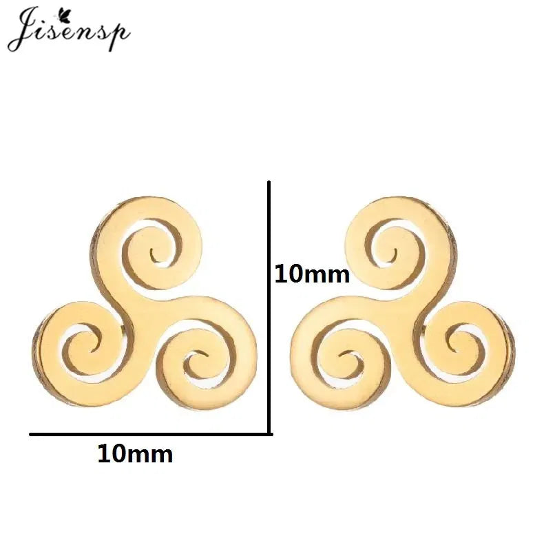 Metal Color: Blue Zinc Plated, Main Stone Color: Red - Cartoon The Movie Teen Wolf Triskele Triskelion Inspired Earrings Punk Stainless Steel Jewelry Triple Spiral Ear Studs Women Men