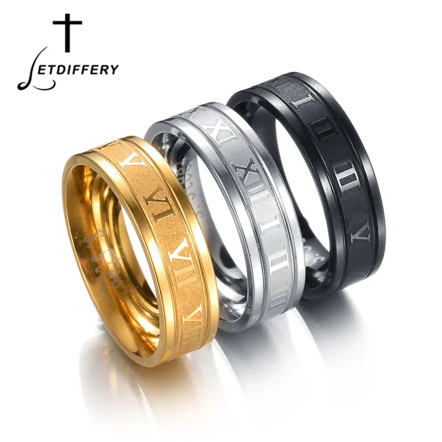 Main Stone Color: Black, Ring Size: 13 - Letdiffery 6mm Punk Roman Numerals Rings High Quality Stainless Steel Women Men Jewelry For Wholesale Dropshipping
