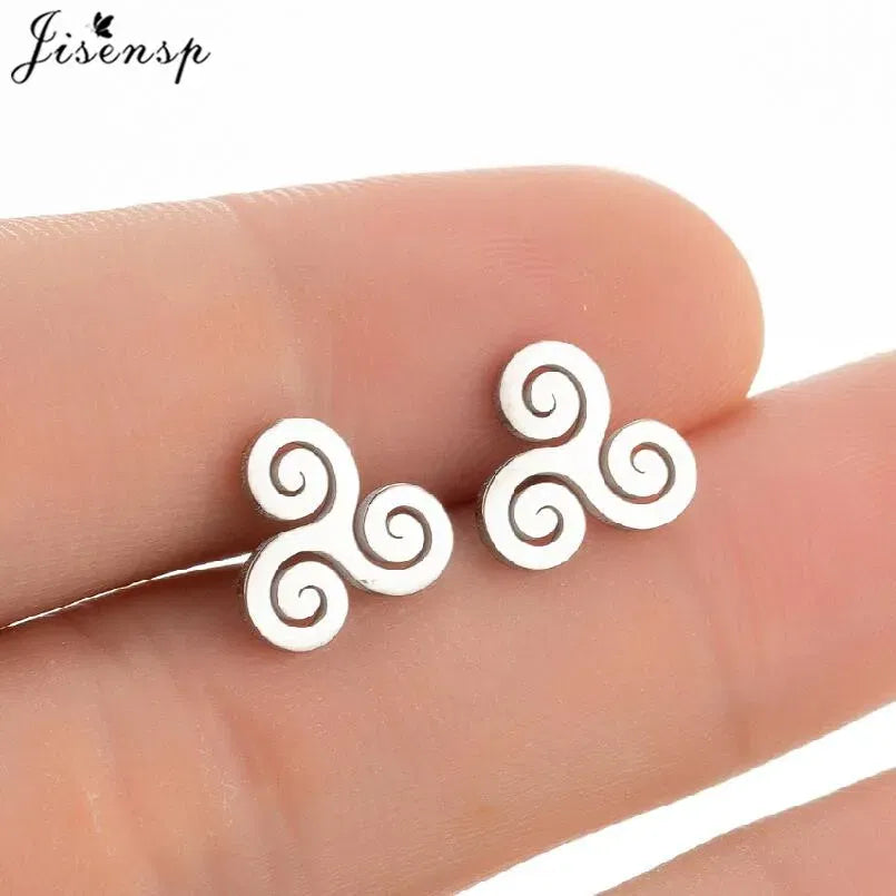 Metal Color: Blue Zinc Plated, Main Stone Color: Red - Cartoon The Movie Teen Wolf Triskele Triskelion Inspired Earrings Punk Stainless Steel Jewelry Triple Spiral Ear Studs Women Men