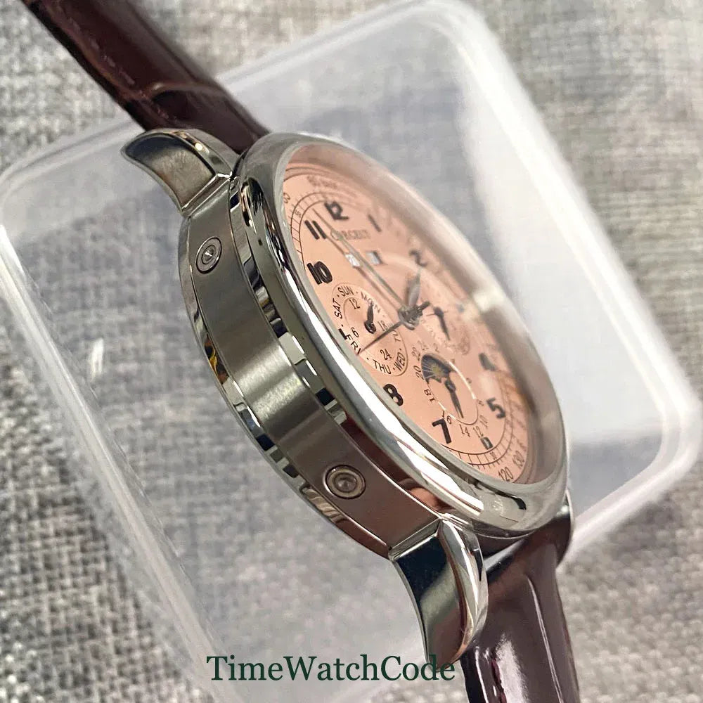 Color: Orange - Corgeut 42mm Automatic Men's Watch Date Day Month Year Rose Gold Dial Multifunction 316L Leather Strap Polished Case Day Night