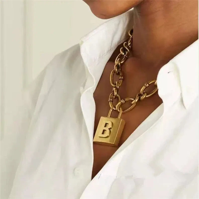 Metal color: Antique Silver Plated, Length: 60cm - Vintage Chunky Metal Thick Chain Bracelet Necklace Geometric Letter Lock Pendant Necklace Fashion Women Punk Jewelry Accessories