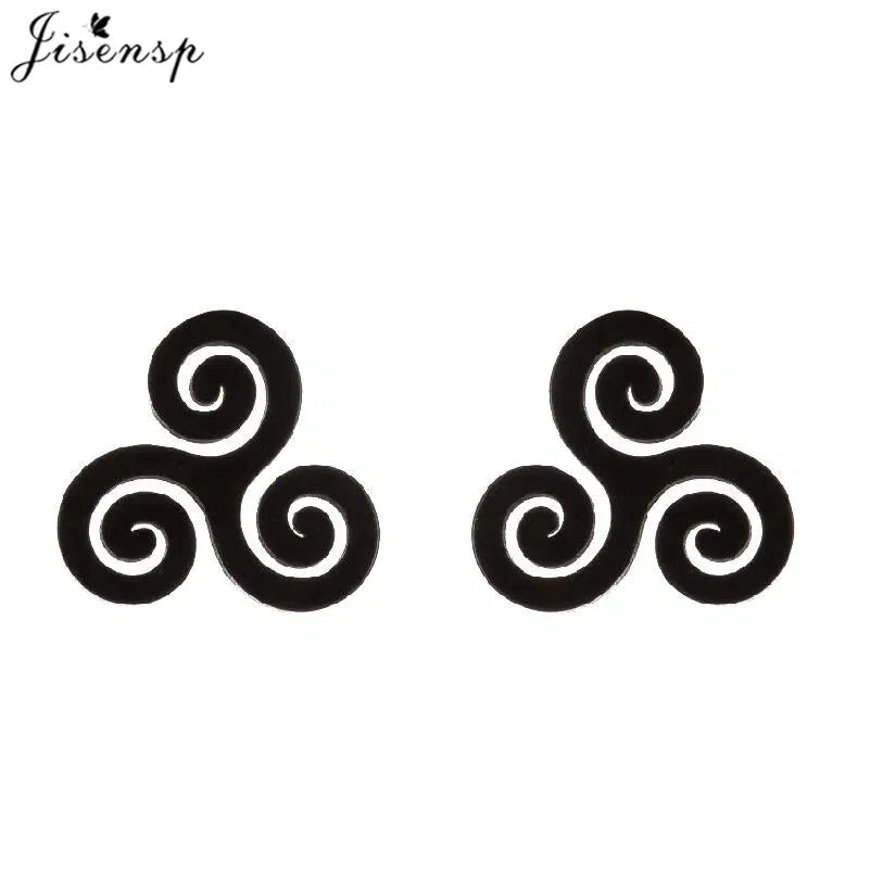 Metal Color: Antique Silver Plated, Main Stone Color: Black - Cartoon The Movie Teen Wolf Triskele Triskelion Inspired Earrings Punk Stainless Steel Jewelry Triple Spiral Ear Studs Women Men