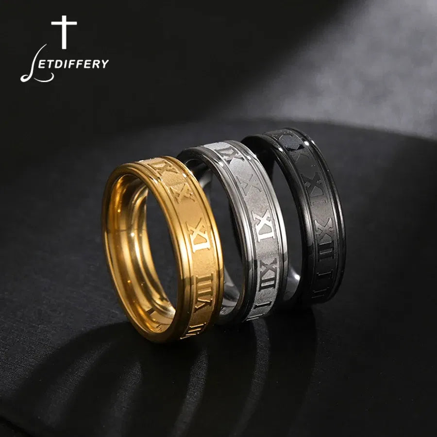 Main Stone Color: Black, Ring Size: 9.5 - Letdiffery 6mm Punk Roman Numerals Rings High Quality Stainless Steel Women Men Jewelry For Wholesale Dropshipping