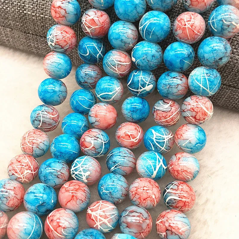 Color: Pale pinkish gray, Item Diameter: 7mm - Wholesale 4/6/8/10mm Glass Beads Round Loose Spacer Beads Pattern For Jewelry Making DIY Bracelet Necklace