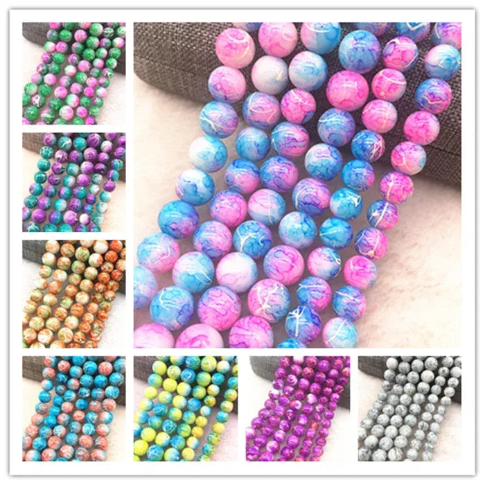 Color: Light Grey, Item Diameter: 4mm - Wholesale 4/6/8/10mm Glass Beads Round Loose Spacer Beads Pattern For Jewelry Making DIY Bracelet Necklace