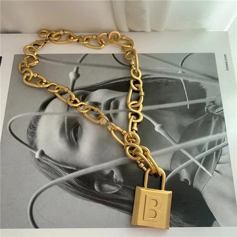 Metal color: Antique Silver Plated, Length: 60cm - Vintage Chunky Metal Thick Chain Bracelet Necklace Geometric Letter Lock Pendant Necklace Fashion Women Punk Jewelry Accessories