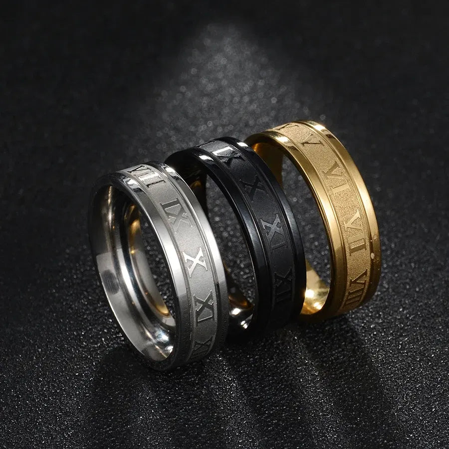 Main Stone Color: Black, Ring Size: 13 - Letdiffery 6mm Punk Roman Numerals Rings High Quality Stainless Steel Women Men Jewelry For Wholesale Dropshipping