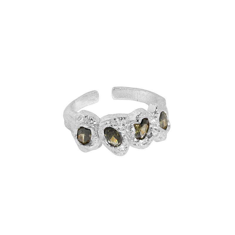 Fashion Black Irregular CZ Stone 925 Sterling Silver Adjustable Ring