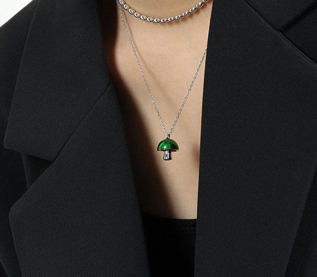 Cute Green Epoxy Mushroom 925 Sterling Silver Necklace