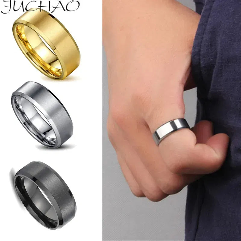 Main Stone Color: Gold, Ring Size: 9 - JUCHAO Classic Ring Men Titanium Black Men Jewelry Wedding Bands Boyfriend Gift Dropshipping