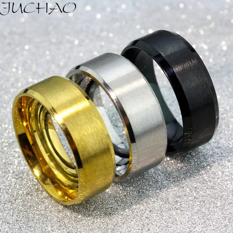 Main Stone Color: Gold, Ring Size: 9 - JUCHAO Classic Ring Men Titanium Black Men Jewelry Wedding Bands Boyfriend Gift Dropshipping