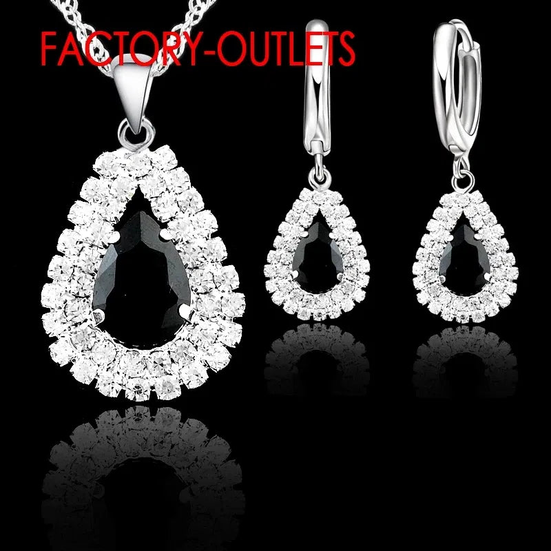 Metal color: Imitation Rhodium Plated - Hot Sale 925 Silver Needle Bridal Jewelry Sets Austrian Crystal Water Drop Necklaces Hoop Earrings Women Party Engagement