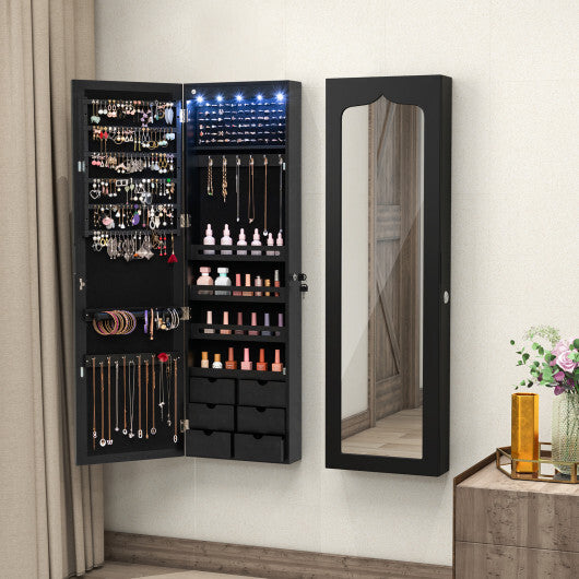 Lockable Wall Mounted Mirror Jewelry Armoire with 5 LEDs and 6 Drawers-Black - Color: Black