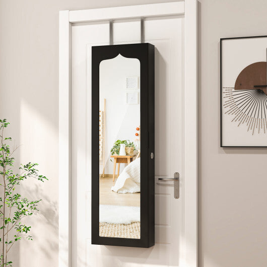 Lockable Wall Mounted Mirror Jewelry Armoire with 5 LEDs and 6 Drawers-Black - Color: Black