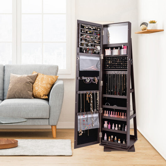 360 Rotatable 2-in-1 Lockable Jewelry Cabinet with Full-Length Mirror-Dark Brown - Color: Dark Brown