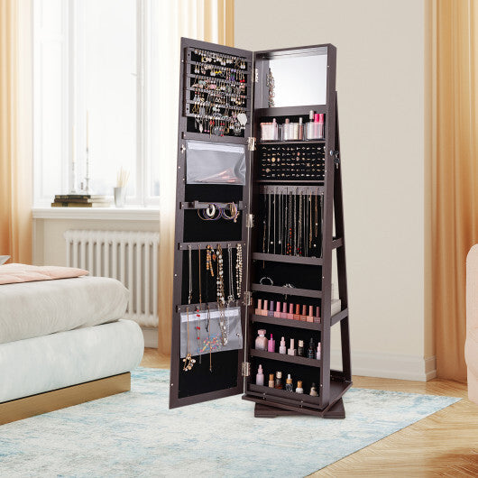 360 Rotatable 2-in-1 Lockable Jewelry Cabinet with Full-Length Mirror-Dark Brown - Color: Dark Brown