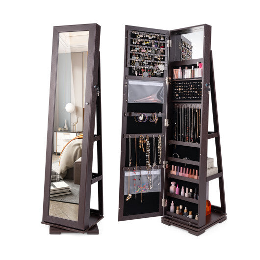 360 Rotatable 2-in-1 Lockable Jewelry Cabinet with Full-Length Mirror-Dark Brown - Color: Dark Brown
