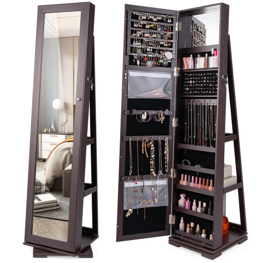 360 Rotatable 2-in-1 Lockable Jewelry Cabinet with Full-Length Mirror-Dark Brown - Color: Dark Brown