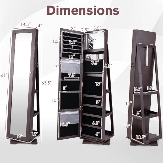 360 Rotatable 2-in-1 Lockable Jewelry Cabinet with Full-Length Mirror-Dark Brown - Color: Dark Brown
