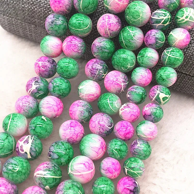 Color: Dark green, Item Diameter: 4mm - Wholesale 4/6/8/10mm Glass Beads Round Loose Spacer Beads Pattern For Jewelry Making DIY Bracelet Necklace