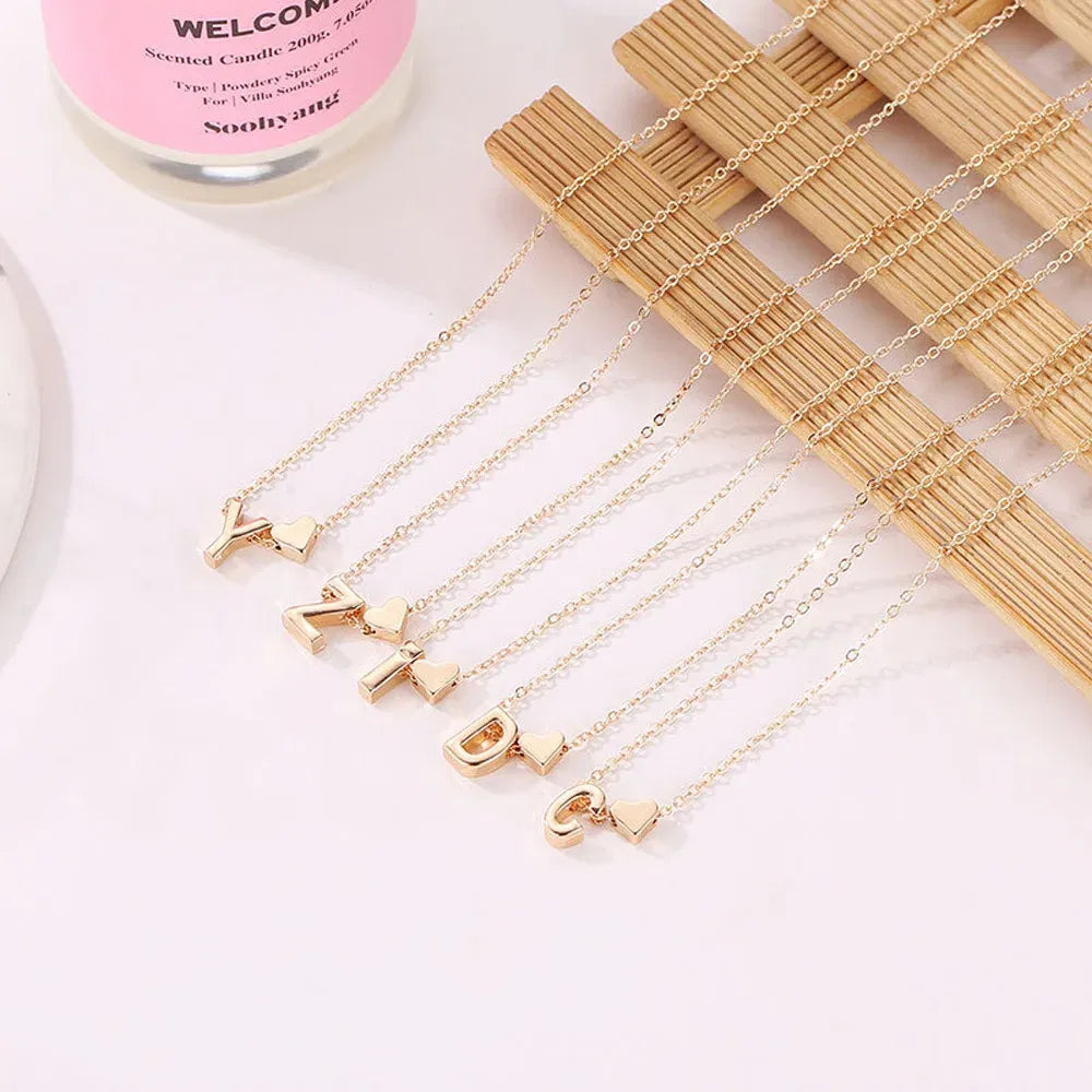 Metal Color: RED-BROWN, Main Stone Color: Khaki - Fashion Tiny Heart Dainty Initial Necklace Gold Color Letter Name Choker Necklace For Women Pendant Jewelry Gift