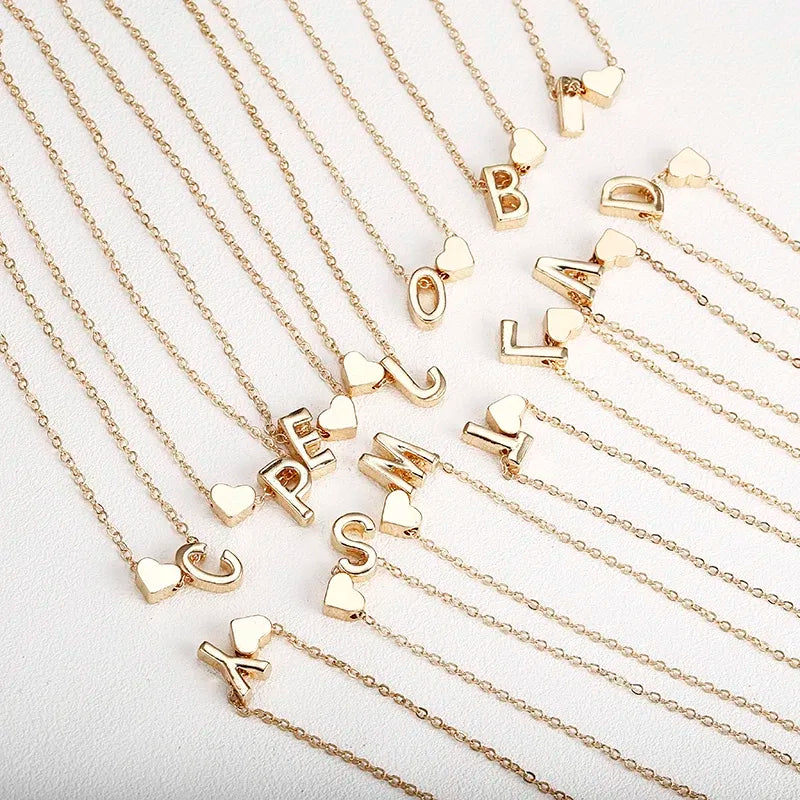 Metal Color: Gold-color - Fashion Tiny Heart Dainty Initial Necklace With Letter Name Choker Necklace For Women Pendant Jewelry Accessories Gift