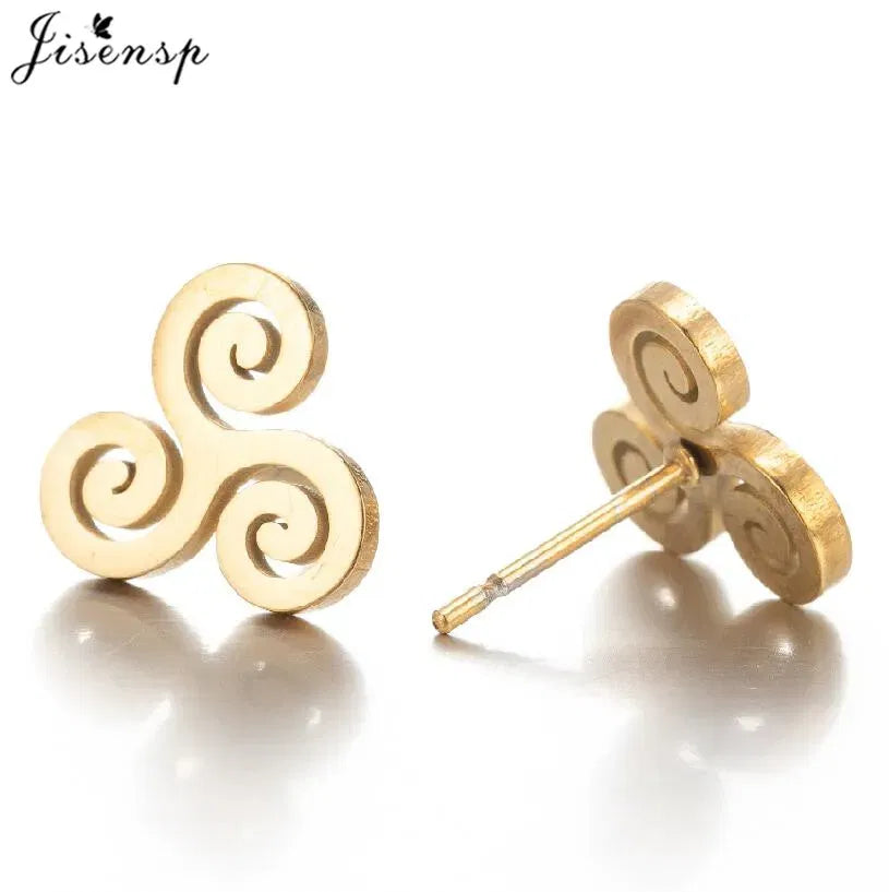 Metal Color: Rhodium Plated, Main Stone Color: Black - Cartoon The Movie Teen Wolf Triskele Triskelion Inspired Earrings Punk Stainless Steel Jewelry Triple Spiral Ear Studs Women Men