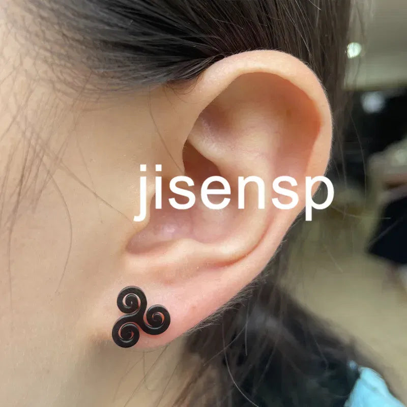 Metal Color: SILVER PLATED, Main Stone Color: Black - Cartoon The Movie Teen Wolf Triskele Triskelion Inspired Earrings Punk Stainless Steel Jewelry Triple Spiral Ear Studs Women Men