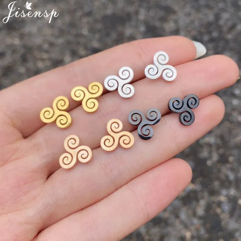 Metal Color: Blue Zinc Plated, Main Stone Color: Red - Cartoon The Movie Teen Wolf Triskele Triskelion Inspired Earrings Punk Stainless Steel Jewelry Triple Spiral Ear Studs Women Men