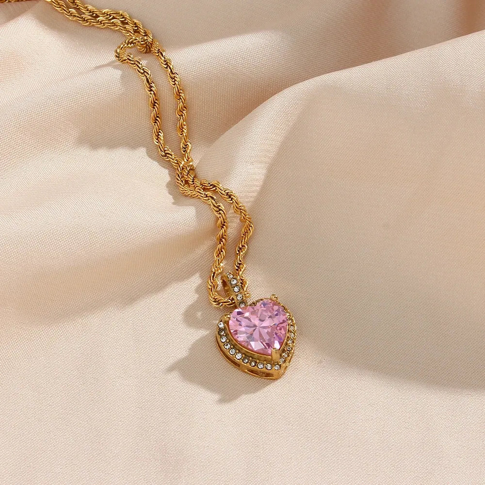 Metal Color: Steel color - 2022 New Stainless Steel PVD Plating Heart Shape AAA Cubic Zircon Stone Pendant Necklace Ladies Party Christmas Jewelry Gift