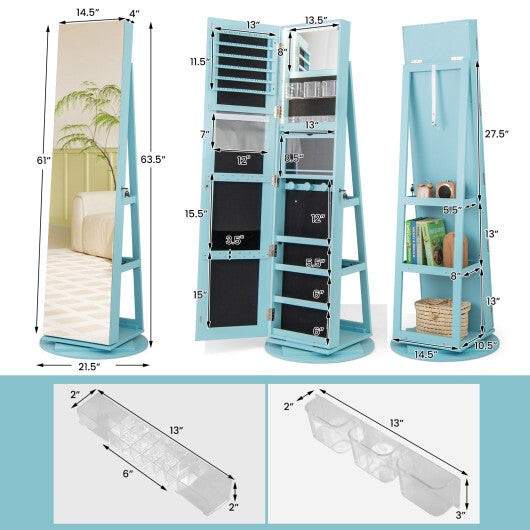 360 Rotating Mirrored Jewelry Cabinet Armoire 3 Color LED Modes Lockable-Blue - Color: Blue