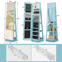 360 Rotating Mirrored Jewelry Cabinet Armoire 3 Color LED Modes Lockable-Blue - Color: Blue
