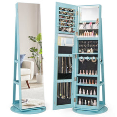 360 Rotating Mirrored Jewelry Cabinet Armoire 3 Color LED Modes Lockable-Blue - Color: Blue