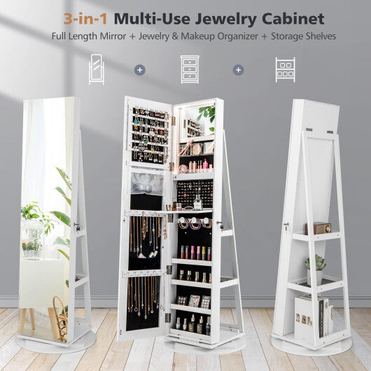 360? Rotating Mirrored Jewelry Cabinet Armoire 3 Color LED Modes Lockable-White - Color: White