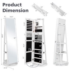 360? Rotating Mirrored Jewelry Cabinet Armoire 3 Color LED Modes Lockable-White - Color: White