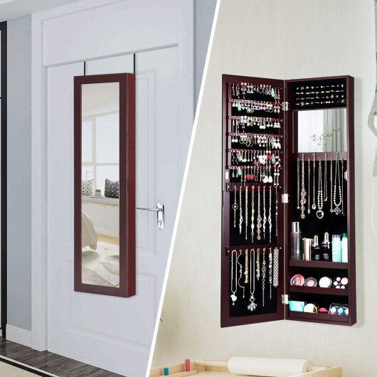 Full Length Mirror Jewelry Cabinet with Ring Slots and Necklace Hooks-Dark Brown - Color: Dark Brown