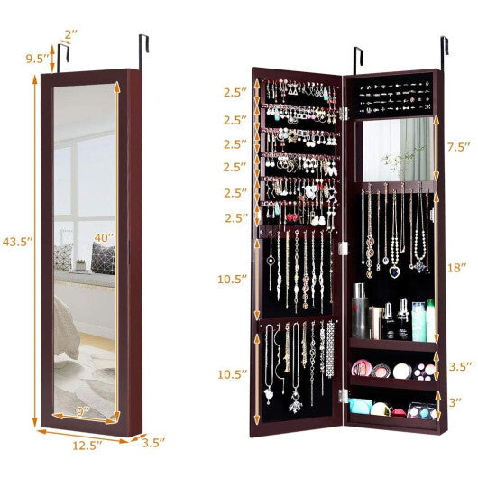 Full Length Mirror Jewelry Cabinet with Ring Slots and Necklace Hooks-Dark Brown - Color: Dark Brown