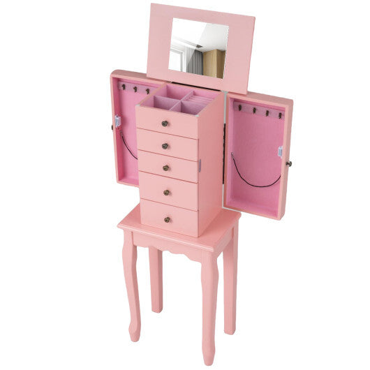 2 Colors Armoire Storage Standing Jewelry Cabinet with Mirror-Pink - Color: Pink