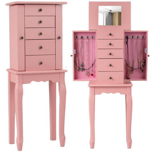 2 Colors Armoire Storage Standing Jewelry Cabinet with Mirror-Pink - Color: Pink